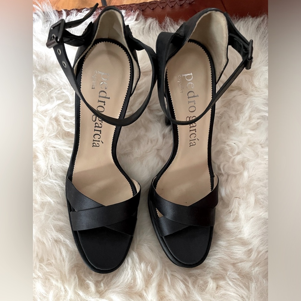 PEDRO GARCIA Black Satin & Leather Platform Ankle Strap Sandals Heels 40 10 NIB - Picture 6 of 6
